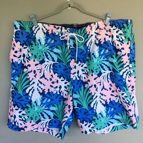 Lands' End Men Swim Trunks Shorts XXL Leaf Print Pockets Tropical Beach Resort - Picture 1 of 11